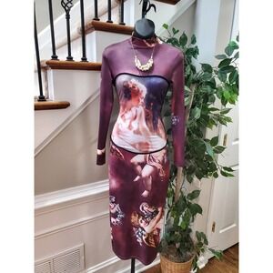 Women's Purple Polyester Mock Neck Long Sleeve Casual Knee Length Dress